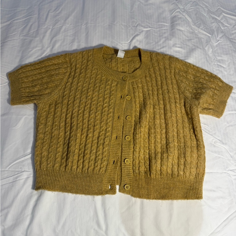 Cable Knit Short Sleeve Sweater - Mustard Yellow
